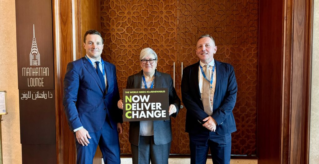 Rachel Kyte, UK Special Climate Envoy, with Bruce Douglas, CEO of the Global Renewables Alliance (GRA) and Ben Backwell, Chair of GRA and CEO of the Global Wind Energy Council at the 15th IRENA Assembly 2025.